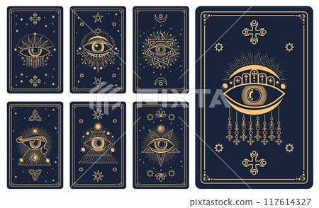 Magic tarot cards with esoteric symbols for reverse decks, vector mystic signs. Tarot cards backgrounds with magic symbols of sun, moon and star with eye in mason pyramid and pentacle in golden line Magic tarot cards with esoteric symbols for reverse decks, vector mystic signs. Tarot cards backgrounds with magic symbols of sun, moon and star with eye in mason pyramid and pentacle in golden line 117614327