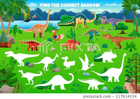 Kids game worksheet, find the correct shadow of prehistoric dinosaur characters. Vector shadow match riddle for children logical mind development activity, preschool or kindergarten educational taskV 117614334