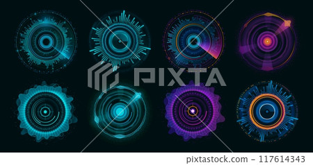 Round circle futuristic chart and HUD interface dashboard elements, vector infographic diagrams. HUD radar scans and sonar detectors with target aim monitor for dashboard info data charts and graphs 117614343
