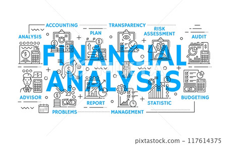 Financial analysis, tax revenue and budget accounting with finance audit, vector line icons. Finance analysis icons of risk assessment in business plan, budgeting and payment transactions transparency 117614375