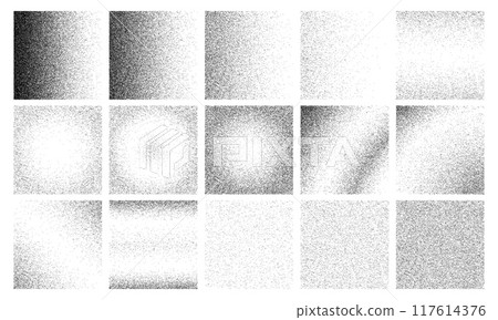 Grain gradient backgrounds with grunge dust in halftone pattern, vector textures. Abstract noise grain dots backgrounds with circular gradient or halftone fade effect of black grainy sand particles 117614376