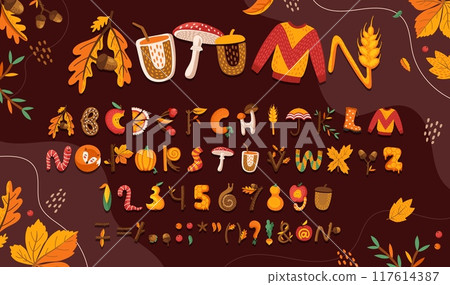 Thanksgiving font of cartoon fall autumn type for kids English alphabet, vector ABC letters. Thanksgiving holiday font letters in shape of pumpkin and rye, apple and autumn fall oak leaf with mushroom 117614387