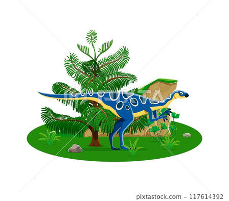 Hypsilophodon prehistoric dinosaur character with blue spots. Isolated cartoon vector genus of small ornithopod dino from the early cretaceous. Ancient herbivore reptile animal stands among ferns 117614392