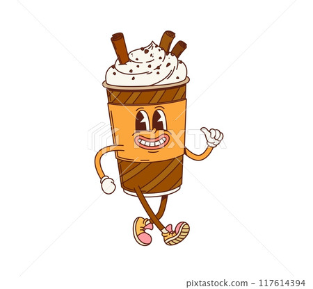 Retro groovy coffee milkshake dessert character. Isolated cartoon vector carton cup personage with a big smile, topped with whipped cream and chocolate sticks, giving a thumbs-up and wearing sneakers 117614394