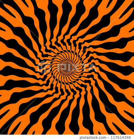 Psychedelic Halloween spiral pattern. Dynamic black and orange vortex waves. Vector illusion of continuous motion and energy, trippy whirlpool, distorted twirl background, surreal fractal abstraction 117614398