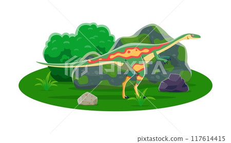 Elaphrosaurus prehistoric dinosaur with slender body and long legs. Cartoon vector carnivore dino in a lush Late jurassic natural landscape with dense foliage and rocks. Paleontology science creature Elaphrosaurus prehistoric dinosaur with slender body and long legs. Cartoon vector carnivore dino in a lush Late jurassic natural landscape with dense foliage and rocks. Paleontology science creature 117614415
