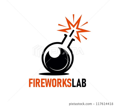 Fireworks icon of bomb boom with sparkling fuse for carnival or birthday event company, vector emblem. Fireworks lab icon of bomb vial firecracker with bang blast explosion for fiesta or holiday event Fireworks icon of bomb boom with sparkling fuse for carnival or birthday event company, vector emblem. Fireworks lab icon of bomb vial firecracker with bang blast explosion for fiesta or holiday event 117614418