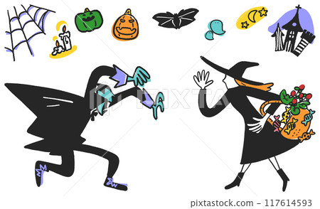 威脅萬聖節的怪物和想要糖果圖示和套裝的女巫插圖素材 威脅萬聖節的怪物和想要糖果圖示和套裝的女巫插圖素材 117614593