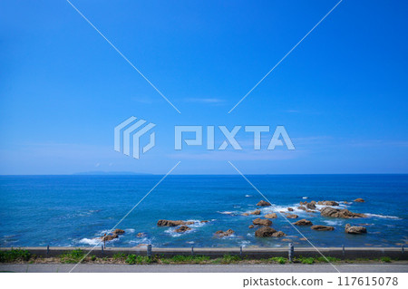 View of the coast of Ashiya, Murakami City from a nautical mile away. The Sea of Japan View of the coast of Ashiya, Murakami City from a nautical mile away. The Sea of Japan 117615078