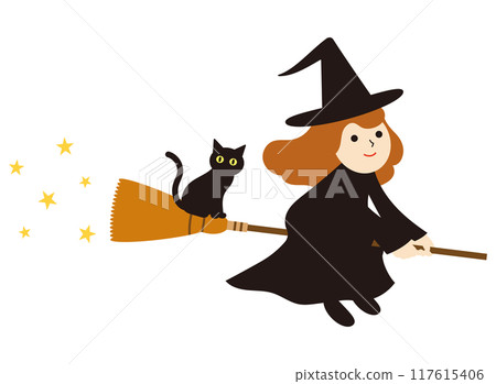 Cute witch and black cat flying on a broomstick 117615406