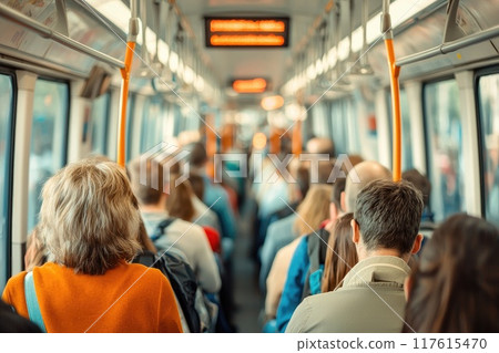 A crowded subway car with people standing and sitting, busy and bustling 117615470