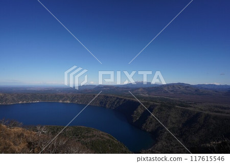 Lake Mashu and Mount Shari in late autumn Lake Mashu and Mount Shari in late autumn 117615546