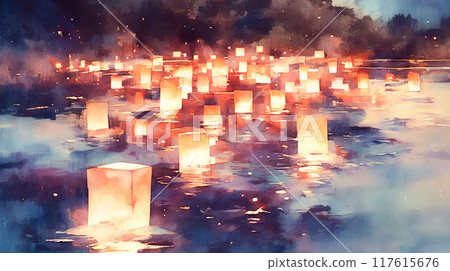 夢幻般的燈籠漂浮圖像的水彩插圖 117615676