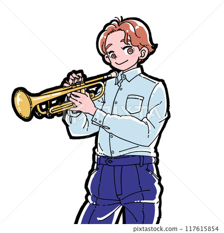 一個拿著喇叭微笑的男孩的插圖 117615854