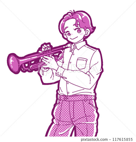 一個拿著喇叭微笑的男孩的插圖 117615855