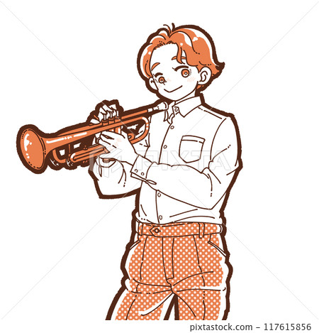 一個拿著喇叭微笑的男孩的插圖 117615856