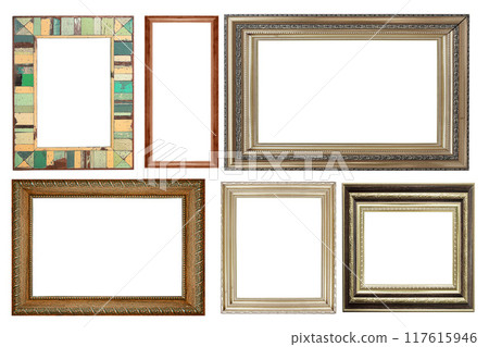 collection of vintage silver and wood picture frame, isolated on white collection of vintage silver and wood picture frame, isolated on white 117615946