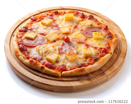 Hawaiian pizza in wooden plate isolated on white background.Homemade Hawaiian Pizza 117616222
