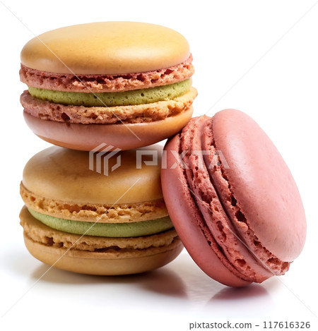 Pile of macaron isolated on a white background, top view. Pile of macaron isolated on a white background, top view. 117616326