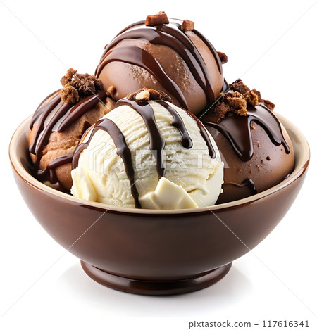 Chocolate with scoop of vanilla ice cream in bowl on white background 117616341