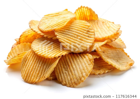 Delicious potato chips on white background, Bowl of tasty ridged potato chips. 117616344