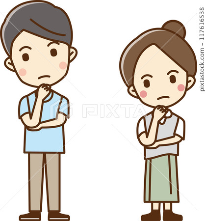 一個男人和一個女人雙手托著下巴歪著頭的插圖 一個男人和一個女人雙手托著下巴歪著頭的插圖 117616538