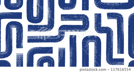 Bold brush line geometric maze seamless pattern.Abstract textured ink waves, labyrinth motif. 117616554