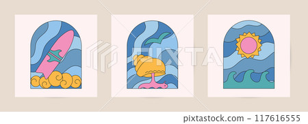 Groovy vacation, surf, ocean, sea, summer poster, card, sticker, wall art. Trendy retro abstract geometric beach, cost, landscape. 117616555