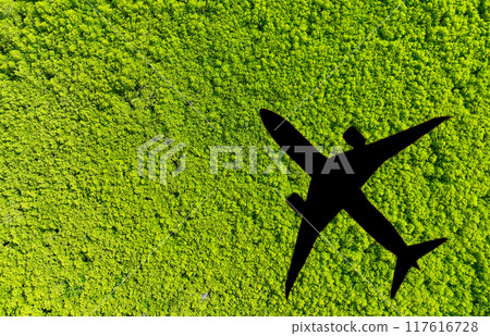 Shadow airplane flying above green mangrove forest. Sustainable fuel. Use biofuel in aviation for sustainable transportation. Reduction carbon emissions. Eco-friendly flight. Aviation sustainability. Shadow airplane flying above green mangrove forest. Sustainable fuel. Use biofuel in aviation for sustainable transportation. Reduction carbon emissions. Eco-friendly flight. Aviation sustainability. 117616728