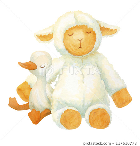 Plush toys sleep, sitting alongside, hugging each other. White watercolor composition of a fluffy lamb and a soft duckling or gosling. Isolated clipart for children's printing and home textiles Plush toys sleep, sitting alongside, hugging each other. White watercolor composition of a fluffy lamb and a soft duckling or gosling. Isolated clipart for children's printing and home textiles 117616778