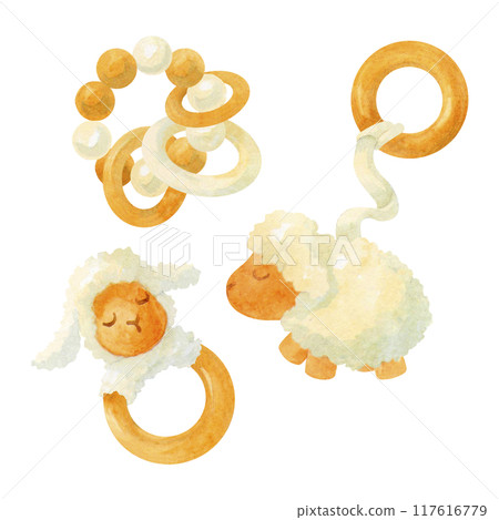 Set of watercolor wooden and textile infant toys. Sleeping lamb, baby gym toy, huggable teething rattle and beads. Newborn eco friendly toys concept. Hand drawn isolated clipart for baby shower design Set of watercolor wooden and textile infant toys. Sleeping lamb, baby gym toy, huggable teething rattle and beads. Newborn eco friendly toys concept. Hand drawn isolated clipart for baby shower design 117616779