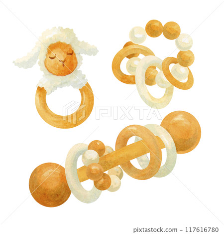 Eco friendly infant toys. Watercolor wooden rattle, teether, beads, sleeping textile lamb isolated on white background for baby shower, children's toy, kid's shop, card, fabric, newborn's room design 117616780