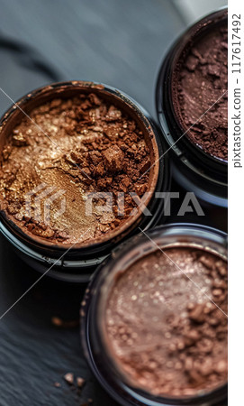 Make-up cosmetic product, beauty products and cosmetics swatch sample flatlay, various makeup brand tools as glamour fashion night out background idea 117617492
