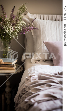 Bedroom decor, modern cottage interior design and home decor, bed linen and elegant country bedding, lamp and flowers, English countryside house style inspiration 117617579