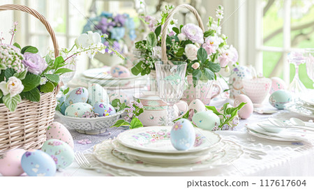 Easter tablescape decoration, floral holiday table decor for family celebration, spring flowers, Easter eggs, Easter bunny and vintage dinnerware, English country and home styling 117617604