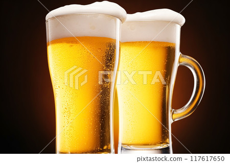 Glasses of cold beer with foam, pint of original premium beer drink, alcohol flavour and holiday celebration idea 117617650