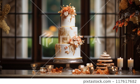 Wedding cake design, autumnal dessert styling and holiday decoration, multi-tier cake for an autumn event venue, food catering service and elegant country decor, cottage style inspiration Wedding cake design, autumnal dessert styling and holiday decoration, multi-tier cake for an autumn event venue, food catering service and elegant country decor, cottage style inspiration 117617682