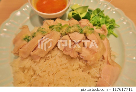 Hainanese chicken rice served on a plate 117617711