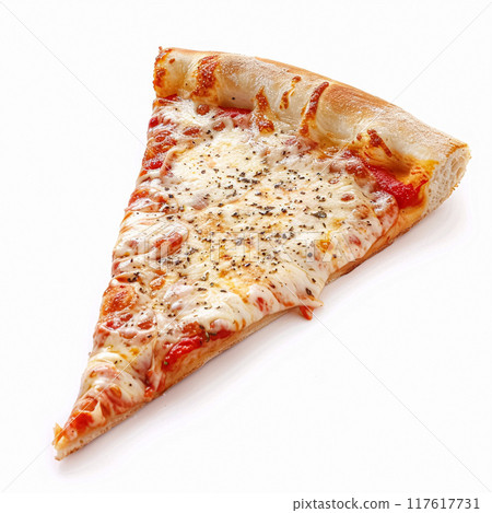 Pizza slice isolated on white background, online delivery from pizzeria, take away and fast food concept 117617731