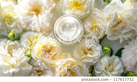 Face cream moisturiser as skincare and bodycare product with flowers background, spa and organic beauty cosmetics for natural skin care routine Face cream moisturiser as skincare and bodycare product with flowers background, spa and organic beauty cosmetics for natural skin care routine 117617732