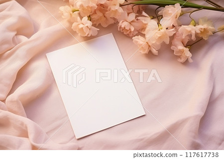 Blank paper and flowers on country background for printable art, paper, stationery and greeting card mockup idea 117617738