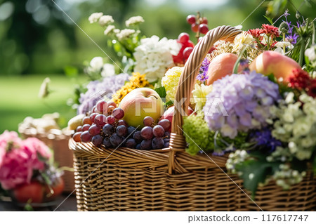 Summer garden harvest, farmers market and country buffet table, cakes and desserts in wicker basket in the garden, food catering for wedding and holiday celebration, floral decor idea 117617747
