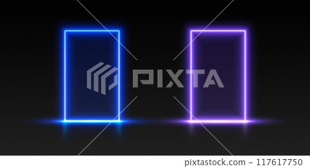 Neon doors, blue and purple glowing portals, futuristic gates, magic LED frames. Neon doors, blue and purple glowing portals, futuristic gates, magic LED frames. 117617750