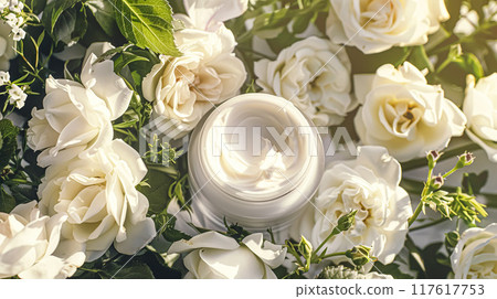 Face cream moisturiser as skincare and bodycare product with flowers background, spa and organic beauty cosmetics for natural skin care routine 117617753
