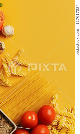Pasta recipe preparation flatlay background with ingredients, spaghetti, olive oil, garlic, tomatoes and spices in the kitchen, homemade food recipe idea 117617824