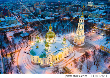Evening view of the Spassky Cathedral in winter in Penza. Evening view of the Spassky Cathedral in winter in Penza. 117617851