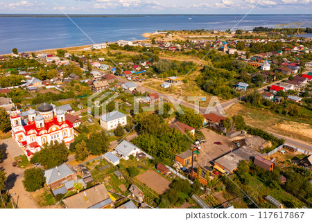 Aerial view of church of Life-Giving Trinity and the Volga river. Kozmodemyansk city. Russia Aerial view of church of Life-Giving Trinity and the Volga river. Kozmodemyansk city. Russia 117617867