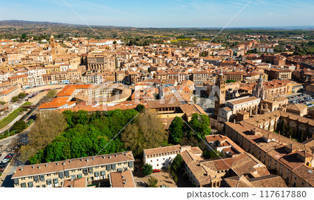 Aerial view of Tarazona on Queiles river overlooking Cathedral and bullring Aerial view of Tarazona on Queiles river overlooking Cathedral and bullring 117617880