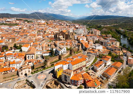 Drone view of Plasencia on Jerte River overlooking medieval cathedral Drone view of Plasencia on Jerte River overlooking medieval cathedral 117617900