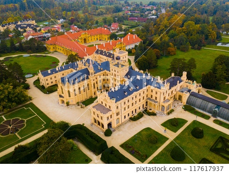 Panoramic view of medieval castle Lednice. Czech Republic 117617937